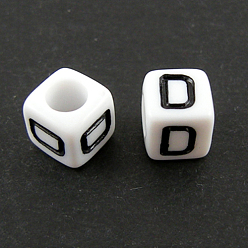 Letter D Lettre acrylique européenne perles, trou horizontal, cube, letter.d, 10x10x10mm, Trou: 3.5~4mm, environ598 pcs / 500 g