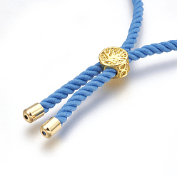 Dodger Blue Cotton Cord Bracelet Making, with Brass Findings, Flat Round with Tree of Life, Real 18K Gold Plated, Dodger Blue, 8-5/8 inch(22cm), Hole: 2mm