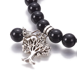 Black Agate Chakra Jewelry, Natural Black Agate Bracelets, with Metal Tree Pendants, 50mm