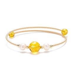 Citrine Natural Citrine(Dyed & Heated) & Quartz Crystal(Dyed & Heated) & Pearl Round Beaded Bangle, Brass Torque Bangle for Women, Golden, Inner Diameter: 2-1/4 inch(5.6cm)
