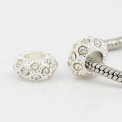 Cristal Perles européennes en strass d'alliage , Perles avec un grand trou   , rondelle, couleur argent plaqué, cristal, 11x6mm, Trou: 5mm