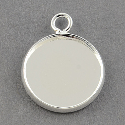 Silver Brass Pendant Cabochon Settings, Plain Edge Bezel Cups, Flat Round, Silver Color Plated, Tray: 16mm, 22x18x2mm, Hole: 2.5mm