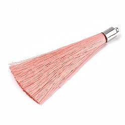 Pink Fiber Tassel Big Pendant Decorations, with Platinum Plated Brass Finding, Pink, 70~73x7~25mm, Hole: 1.8mm