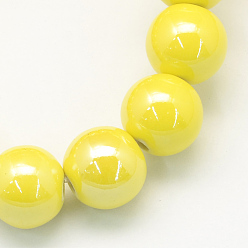 Yellow Pearlized Handmade Porcelain Round Beads, Yellow, 11mm, Hole: 2mm