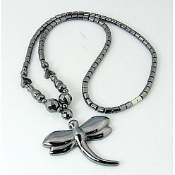 Black Magnetic Synthetic Hematite Necklaces, with Dragonfly Pendants and Brass Screw Clasps, Black, 525mm