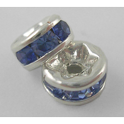 Light Sapphire Brass Grade A Rhinestone Spacer Beads, Silver Color Plated, Nickel Free, Light Sapphire, 8x3.8mm, Hole: 1.5mm