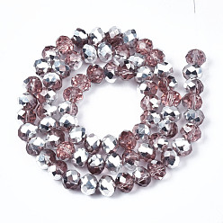 Pale Violet Red Electroplate Glass Bead Strands, Half Silver Plated, Faceted, Rondelle, Pale Violet Red, 8x6mm, Hole: 1mm, about 68~70pcs/strand, 17.3 inch