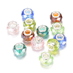 Mixed Color Glass European Beads, with Silver Color Plated Brass Core, Large Hole Beads, Faceted Rondelle, AB-Color Plated, Mixed Color, 13~14x9mm, Hole: 4.5~5mm