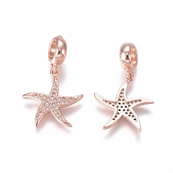 Rose Gold Brass Micro Pave Clear Cubic Zirconia European Dangle Charms, Large Hole Pendants, Starfish/Sea Stars, Rose Gold, 27mm, Hole: 5mm, Starfish/Sea Stars: 17x16x2mm