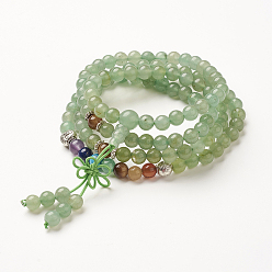 Green Aventurine Yoga Chakra Jewelry, Natural Green Aventurine Beads Wrap Bracelets, Four Loops, with Alloy Findings, 29.4 inch(74.8cm)