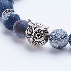 Weathered Agate Natural Weathered Agate Beaded Stretch Bracelets, with Alloy Spacer Beads, Owl, Antique Silver, 1-3/4 inch(45mm)