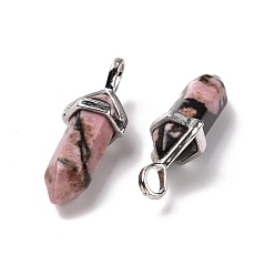 Rhodonite Natural Rhodonite Pendants, Faceted, with Platinum Tone Brass Findings, Lead free & Cadmium Free, Bullet, 27~30x9~10x7~8mm, Hole: 4x3mm
