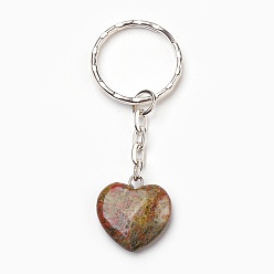 Mixed Stone Natural & Synthetic Mixed Stone Keychain, with Iron Key Clasp, Heart, Platinum, 70mm, Heart: 21~21.5x20~20.5x6mm