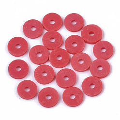 Red Eco-Friendly Handmade Polymer Clay Beads, Disc/Flat Round, Heishi Beads, Red, 3x1mm, Hole: 1mm, about 380~400pcs/strand, 17.7 inch