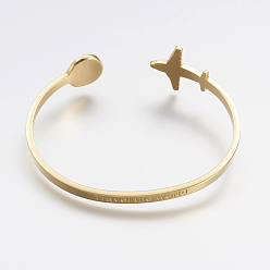 Golden 304 Stainless Steel Cuff Bangles, Travel Theme, Airplane and Earth, Golden, Inner Diameter: 2-1/2 inch(6.3cm)