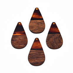 Chocolate Transparent Resin & Walnut Wood Pendants, Teardrop Shape Charm, Chocolate, 38x22x3mm, Hole: 2mm