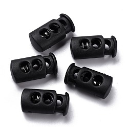 Black Plastic Spring Cord Lock Stopper Cylinder, with Iron Findings, 2-Hole, Platinum, Black, 23.5x12x8.5mm, Hole: 6x3.5mm