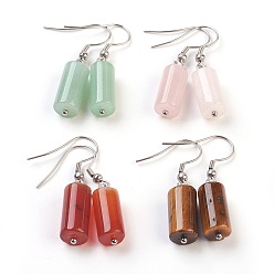 Mixed Stone Natural & Synthetic Mixed Stone Dangle Earrings, with Metal Findings, Column, 40mm, Pendant: 21.5x8mm, Pin: 0.7mm