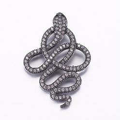 Gunmetal Brass Micro Pave Cubic Zirconia Pendants, Snake, Gunmetal, 35x24x2.5mm, Hole: 2x3mm