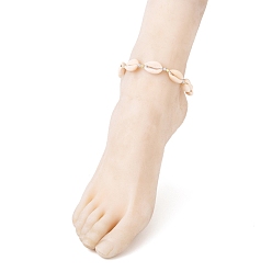 Golden Adjustable Braided Nylon Thread Anklets, with Natural Cowrie Shell Beads and Brass Cube Beads, Golden, 2-3/8~4-3/8 inch(6~11cm)