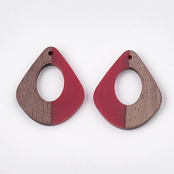 FireBrick Resin & Walnut Wood Pendants, Two Tone, teardrop, FireBrick, 32.5x27.5x2.5~4mm, Hole: 1.5mm