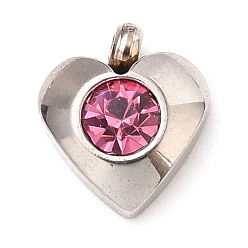 Rose 304 Stainless Steel Charms, with Acrylic Rhinestone, Faceted, Birthstone Charms, Heart, Stainless Steel Color, Rose, 8.2x7.2x3.2mm, Hole: 1mm