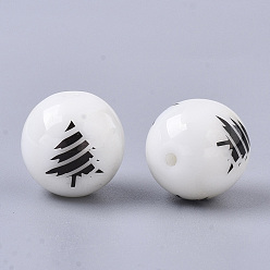 Gunmetal Plated Christmas Opaque Glass Beads, Round with Electroplate Christmas Tree Pattern, Gunmetal Plated, 10mm, Hole: 1.2mm