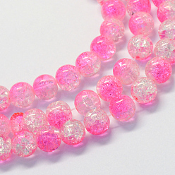 Hot Pink Baking Painted Transparent Crackle Glass Round Bead Strands, Hot Pink, 6.5mm, Hole: 1.5mm, about 145pcs/strand, 31.4 inch