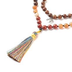 Разноцветный Буддийское ожерелье, двухслойное колье из смеси натуральных и синтетических драгоценных камней и дерева с латунными магнитными застежками, ожерелье из сплава лотоса и полиэстера с кисточками для женщин, красочный, 40.94 дюйм (104 см)