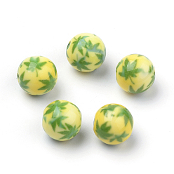 Vert Jaune Perles acryliques imprimés opaques, rond avec motif feuille de pot/feuille de chanvre, vert jaune, 10x9.5mm, Trou: 2mm