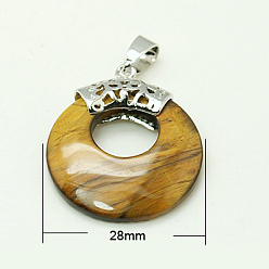 Tiger Eye Tiger Eye Pendants, with Brass Findings, Flat Round, Platinum Metal Color,  28x6mm, Hole: 7x4mm