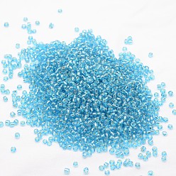 Deep Sky Blue 8/0 Transparent Glass Round Seed Beads, Grade A, Silver Lined, Deep Sky Blue, 2.8~3.2mm, Hole: 1.0mm, about 15000pcs/pound