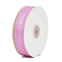 Violet Solid Color Organza Ribbons, Golden Wired Edge Ribbon, for Party Decoration, Gift Packing, Violet, 1"(25mm), about 50yard/roll(45.72m/roll)