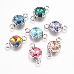 Mixed Color K9 Glass Links connectors, Faceted, with 304 Stainless Steel Findings, Flat Round, Stainless Steel Color, Mixed Color, 17.5x10x6.5mm, Hole: 2.5mm