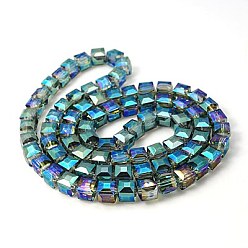Medium Turquoise Electorplated Glass Beads, Rainbow Plated, Faceted, Cube, Medium Turquoise, 10~11x10~11x10~11mm, Hole: 1mm