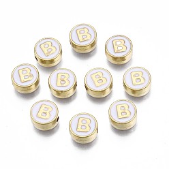 Letter B Des perles d'émail en alliage, sans cadmium et sans plomb, or et de lumière, rond et plat avec alphabet, blanc, letter.b, 8x4mm, Trou: 1.5mm