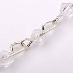 Clear Handmade Bicone Glass Beads Chains for Necklaces Bracelets Making, with Iron Eye Pin, Unwelded, Silver, Clear, 39.3 inch