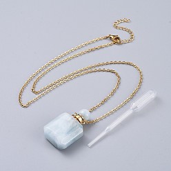 Aquamarine Natural Aquamarine Perfume Bottle Pendant Necklaces, with Brass Cable Chains, Lobster Claw Clasps and Plastic Dropper, 50~55cm, Bottle Capacity: 0.15~0.3ml(0.005~0.01 fl. oz), 2mm