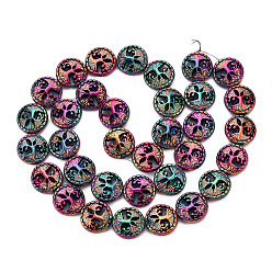 Rainbow Plated Electroplate Non-magnetic Synthetic Hematite Beads Strands, Flat Round with Tree of Life, Rainbow Plated, 12~12.5x4~4.5mm, Hole: 1mm, about 30pcs/strand, 14.56 inch