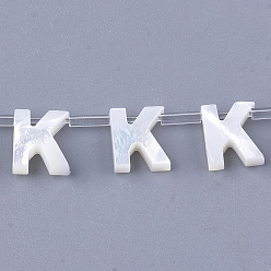 Letter K Natural Sea Shell Beads, White Shell Mother of Pearl Shell, Top Drilled Beads, Letter.K, 10x2.5~11.5x3mm, Hole: 0.8mm