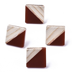 Coconut Brown Opaque Resin & Wood Stud Earrings, with 304 Stainless Steel Pin, Rhombus, Coconut Brown, 17x18mm, Pin: 0.7mm