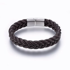 Coconut Brown Leather Braided Cord Bracelets, 304 Stainless Steel Magnetic Clasp, Rectangle, Coconut Brown, 8-5/8 inch(22cm), 13x6mm
