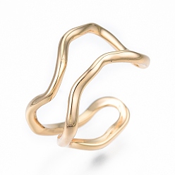 Real 18K Gold Plated Brass Double Line Wave Open Cuff Ring for Women, Nickel Free, Real 18K Gold Plated, US Size 6 1/4(16.7mm)