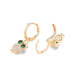 Real 18K Gold Plated Green Cubic Zirconia Owl Dangle Leverback Earrings, Brass Jewelry for Women, Cadmium Free & Nickel Free & Lead Free, Real 18K Gold Plated, 24mm, Pin: 1mm