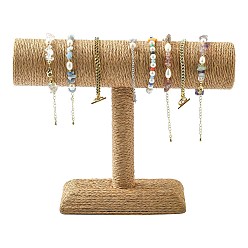 Bois Solide T bar corde de paille bracelet / bracelet présentoirs, burlywood, 24x18x7.4 cm