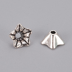 Antique Silver Tibetan Style Alloy Bead Caps, Cadmium Free & Nickel Free & Lead Free, Flower, Antique Silver, 8.5x5mm, Hole: 1mm
