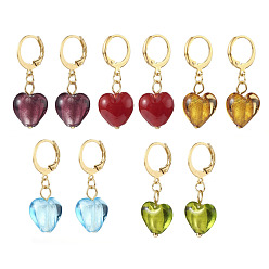Mixed Color 304 Stainless Steel Huggie Hoop Earrings, with Handmade Silver Foil Glass Beads, Heart, Golden, Mixed Color, 32.5mm, Pin: 0.6x1mm