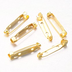 Golden Iron Brooch Findings, Back Bar Pins, Golden, 30mm long, 5mm wide, 6mm thick, hole: 1.5mm
