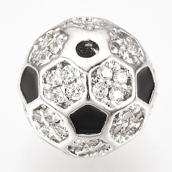 Платина Латунные микро проложить кубического циркония бусы, с эмалью, футбол / футбольный мяч, платина, 9.5~10 мм, отверстие : 1.5 мм
