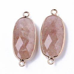 Strawberry Quartz Natural Strawberry Quartz Links Connectors, with Light Gold Plated Edge Brass Loops, Oval, Faceted, 27x11x5.5mm, Hole: 2mm